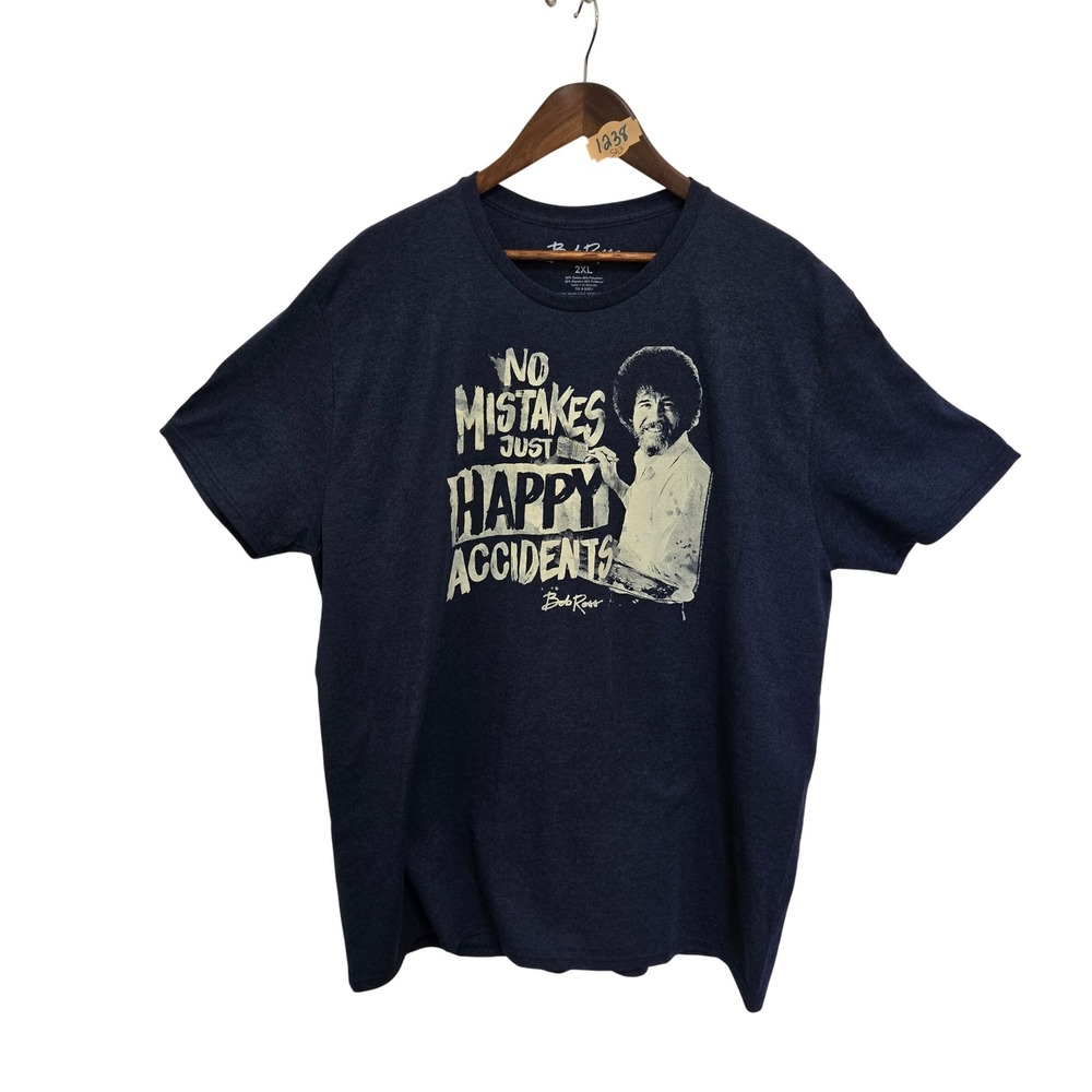 Bob Ross No Mistakes Just Happy Accidents Graphic T-Shirt Mens 2XL Charcoal Gray